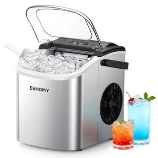 euhomy Eiswürfelmaschine Klein, 9 Eiswürfel in 6 Minuten, 12 kg/24H, Edelstahl mit Tragbarem Griff, Selbstreinigender Kompakter Eiswürfelmaschinen für Zuhause/Küche/Büro/Bar