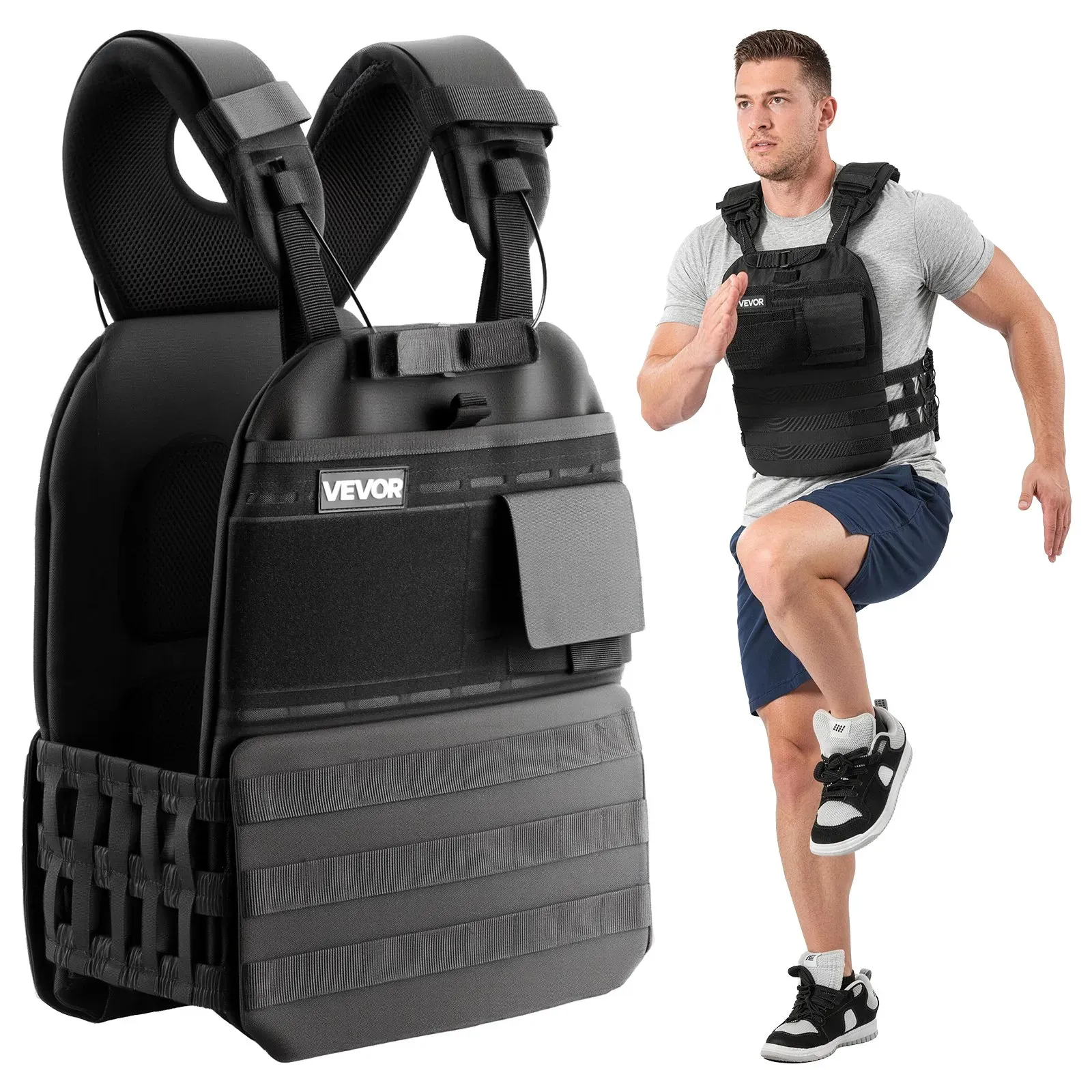 VEVOR Gewichtsweste (ohne Gewichtplatten) mit Schulterpolstern und Reflexstreifen, Trainingsweste für Krafttraining, Laufen, Joggen, Ausdauertraining, Muskeltraining, Home-Gym-Training, Unisex-Design