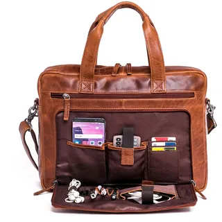ALMADIH Leder Laptoptasche Aktentasche BRUNO deluxe - Premium Business Tasche Umhängetasche Unitasche Herren Messenger Arbeitstasche Schultertasche Dokumenten Kofferschlaufe braun (BRUNO antik) - 38,5x28x9 cm