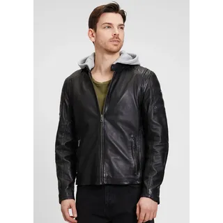 Lederjacke MAURITIUS "Rylo LAKEV", Herren, Gr. XL, schwarz, Obermaterial: 100% Schafsleder. Futter: 100% Baumwolle. Ärmelfutter: 100% Polyester. Kapuze: 55% Baumwolle, 45% Polyester, unifarben, kontrastfarbene Details, modisch, regular fit kurz, Langarm eingesetzt abgesteppt, Jacken, Reißverschluss, Reißverschlusstaschen