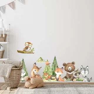 WANDKIND Waldtiere Wandtattoo Kinderzimmer V410 | handgezeichnet | AUFKLEBER Kindergarten | Babyzimmer Wandsticker Wanddeko Dekoration Abenteuer in der Natur (100 x 100 cm)