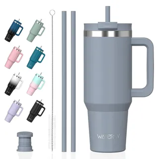 WATERSY 1.2L Thermobecher mit 2 Strohhalmen, Trinkbecher Auslaufsicherer Kaffeebecher To Go Vakuum-Isoliert mit BPA frei Schraubdeckel, Trinkflasche Kühlt 12 Stunden,Modernes Blau
