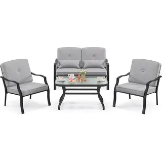 Costway 4-tlg. Gartenmöbel Set inkl. 2 Stühlen, Bank, Tisch, Sitzgarnitur mit Sitz-, Rücken- und Taillenkissen