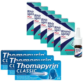 Thomapyrin CLASSIC bewährte 3-fach Kombination bei akuten Kopfschmerzen 3 x 20 Stk + Rhinospray PLUS Nasenspray bei Schnupfen mit Tramazolin & ätherischen Ölen 6 x 10 ml | Vorteils-Packung