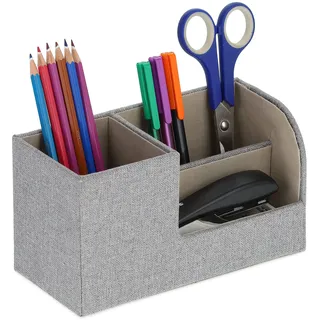 Relaxdays Schreibtisch Organizer, Stiftehalter mit 3 Fächern, Leinen-Optik, HBT: 11 x 20 x 9 cm, Büroorganizer, grau