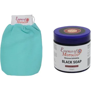 Marokkanischer Peeling-Handschuh, blauer Scheuerhandschuh mit natürlichem Eukalyptus, Olivenöl, Peeling, schwarze Seife, Spa, Savon Noir, 200 g, Beldi Hammam Spa Pack