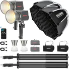 Multiblitz Set 2x Fotolicht LED 60W 2x Lampenstativ 2x Octagon Softbox Ø40cm (Videoleuchte), Dauerlicht, Schwarz, Silber